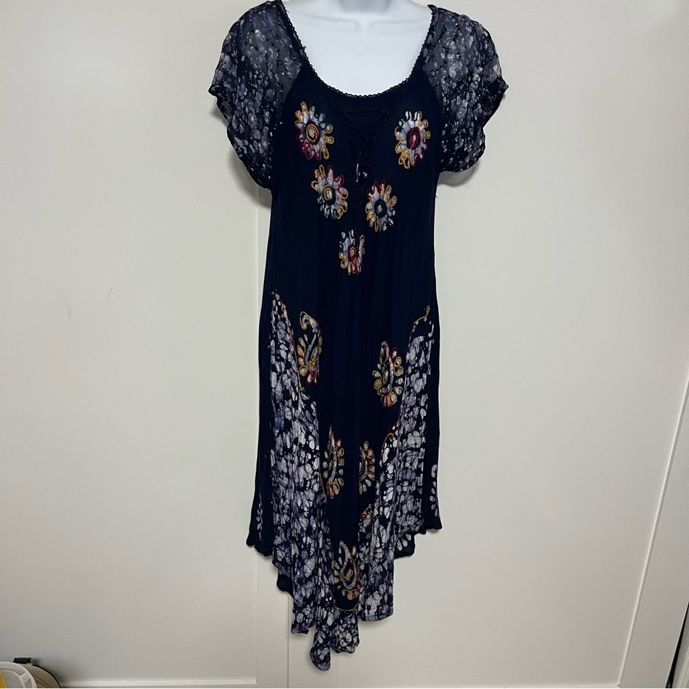 One Size Hippie Dyed Embroidery Flowy dress Boho Beach Eclectic Coverup - Picture 3 of 9